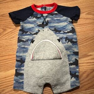 Mudpie 6-9 months baby shark one piece shark shorts and short sleeve outfit